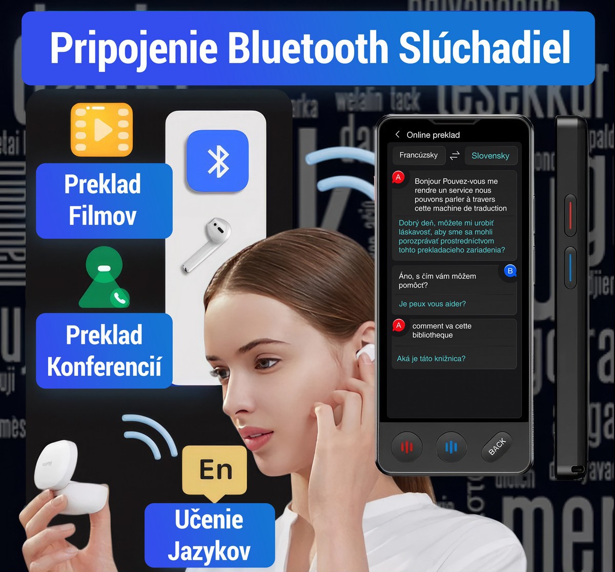 elektronický prekladač hlasovy s pripojením bluetooth slúchadiel